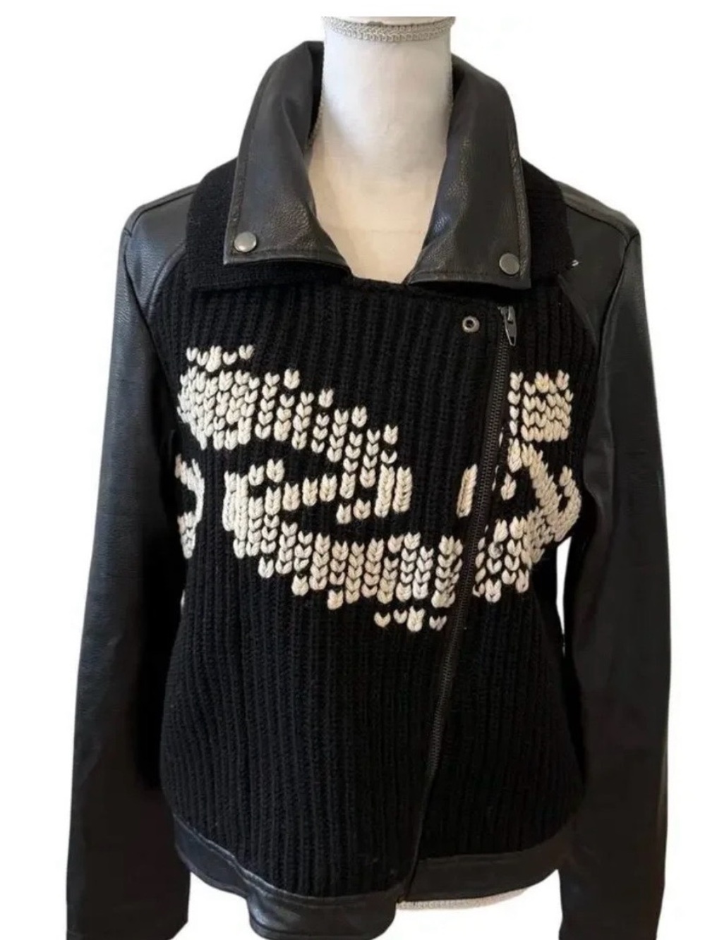 Anthropologie Black Leather & Knit Motto Jacket with Cream Pattern across chest